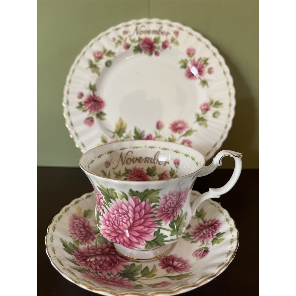 Royal Albert Flower Month November Set Tea Cup Saucer‎ Plate Chrysanthemum